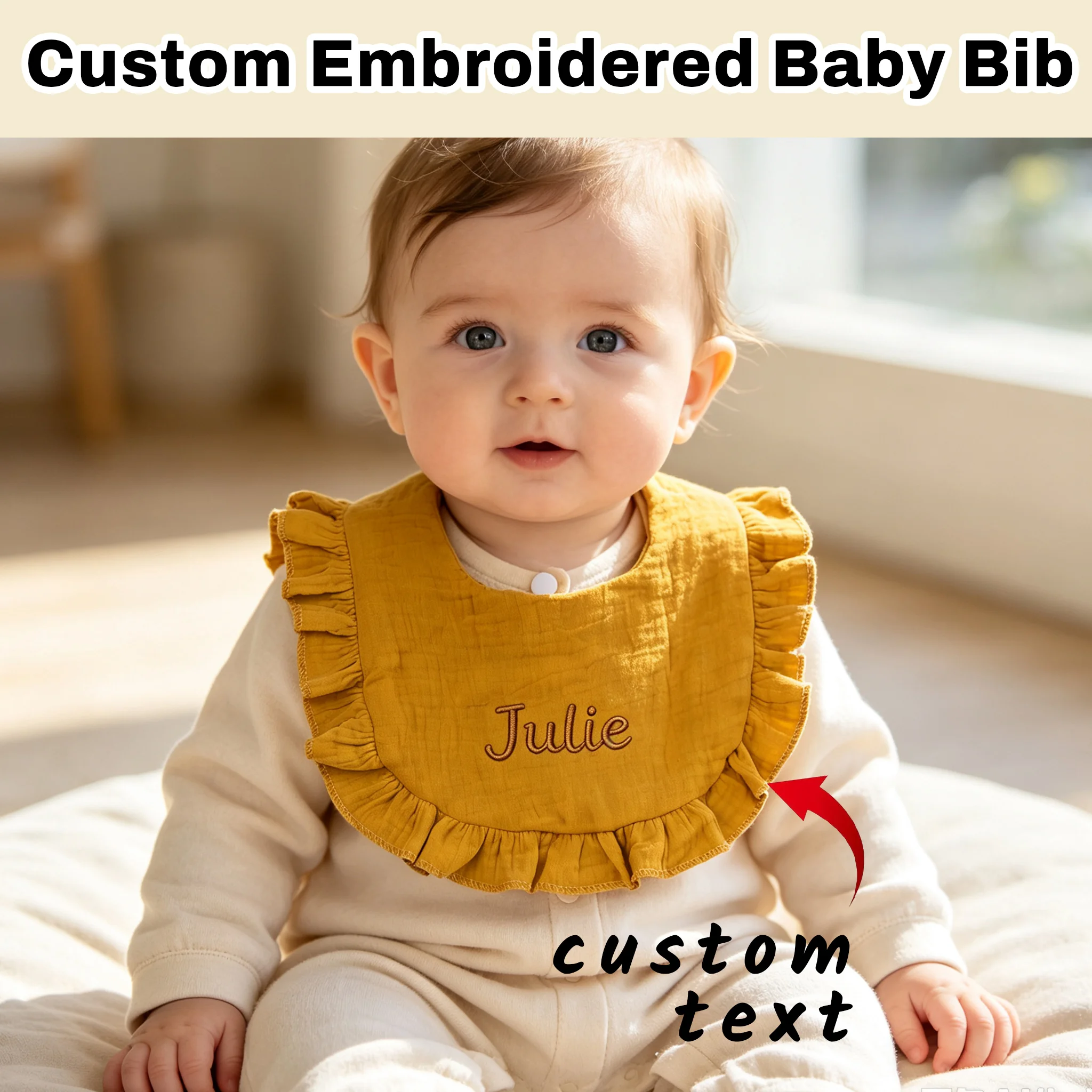 Personalized Embroidered Baby Bib Ruffle Edge Cotton Muslin Bib Custom Name Gauze Feeding Bib for Newborn Infant Baby Shower Gif