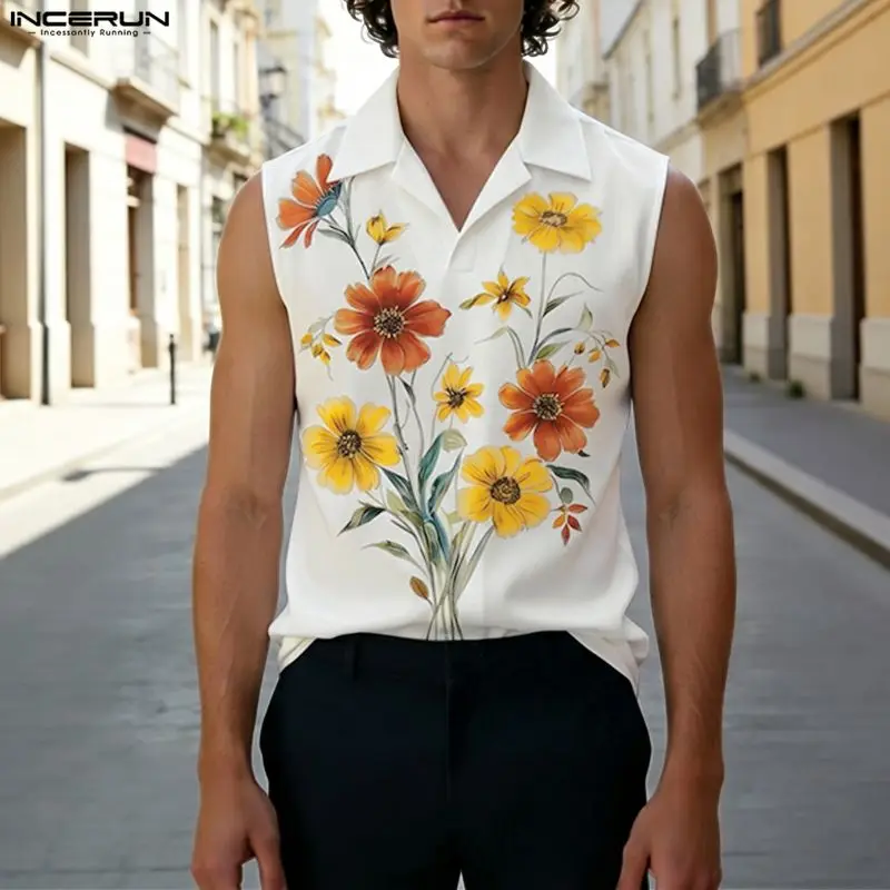 INCERUN Men's Tank Tops Flower Printing Lapel Sleeveless Summer Men Clothes Streetwear Loose 2026 Fashion Casual Male Vests Tops