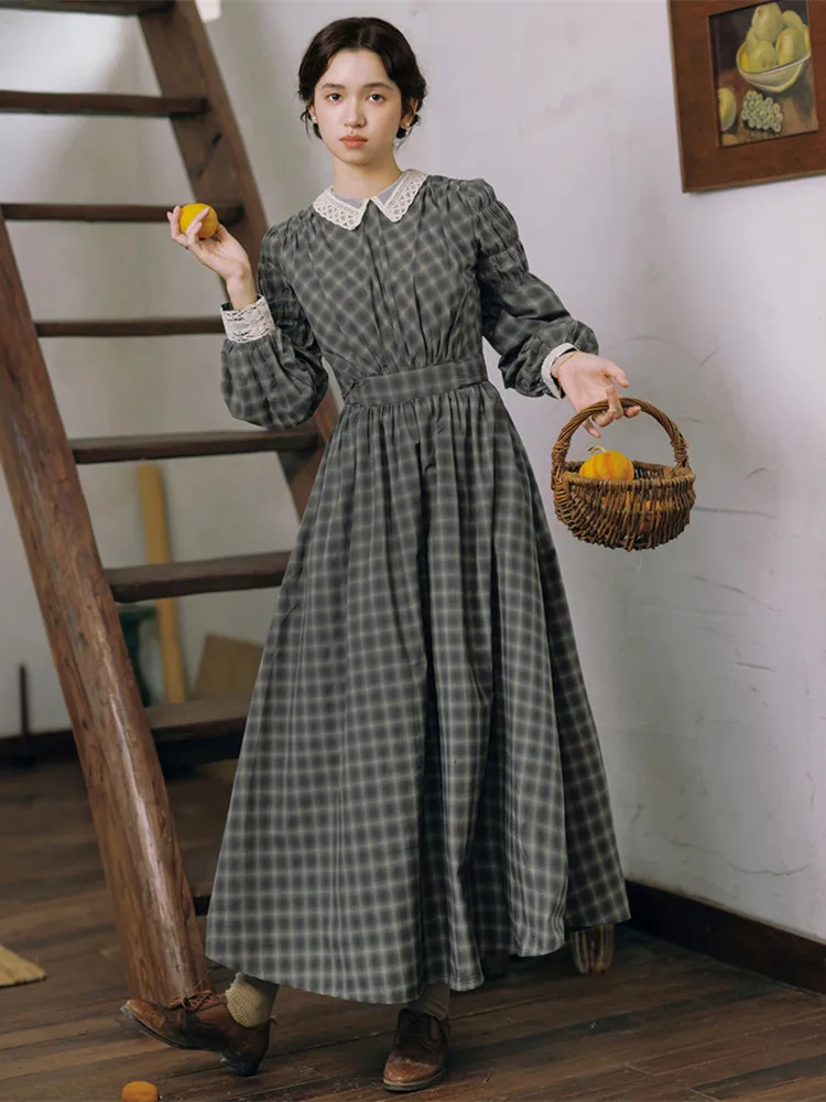 Sukienka maxi damska 86-98 cm obwód biustu, wiosna-jesień-zima, oryginalny projekt, brytyjski styl retro, artystyczna krata, vintage, elegancka, wyszczuplająca, 100% bawełna.