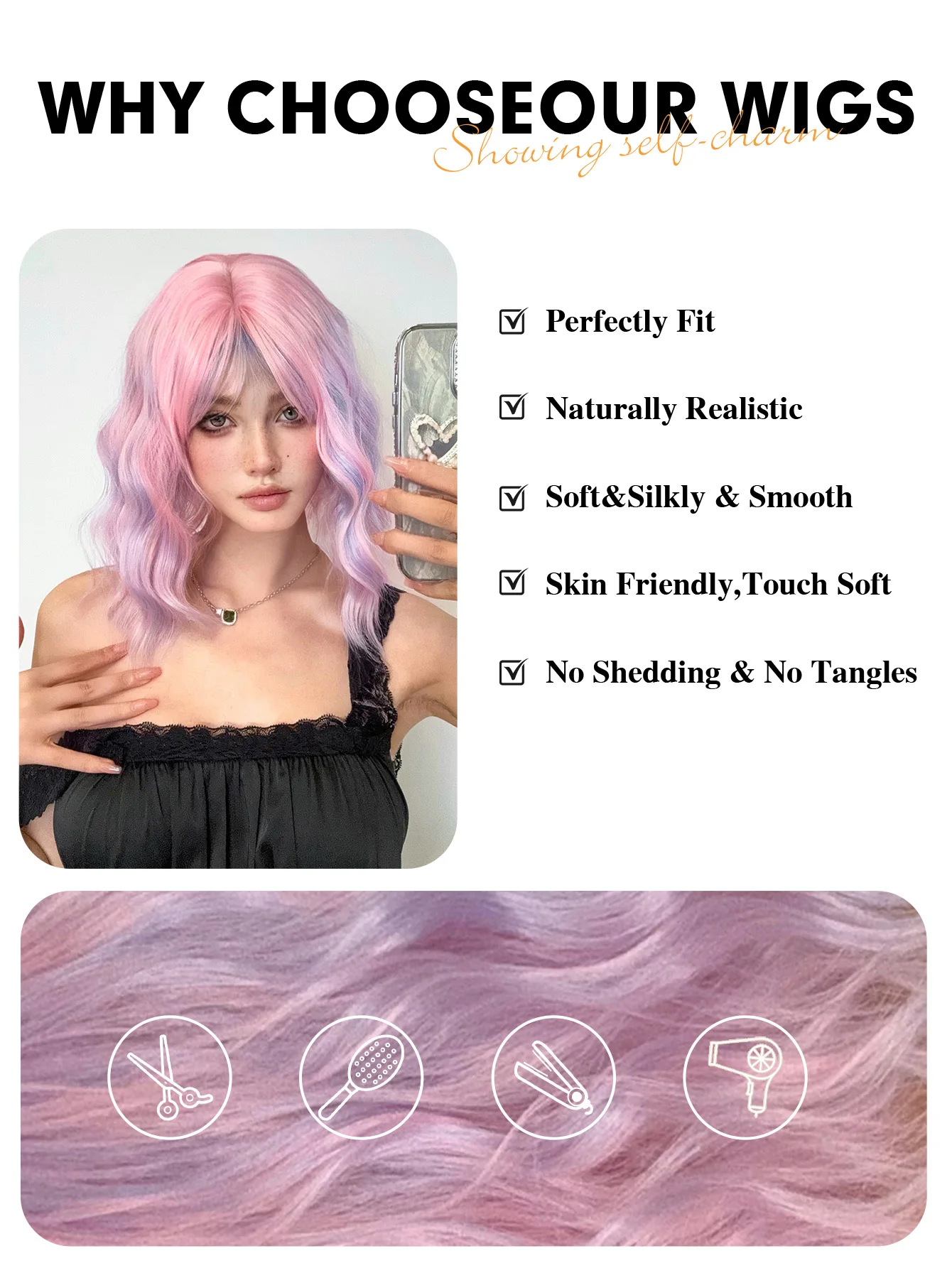 HENRY MARGU Pink Purple Short Curly Wigs with Bangs Mixed Color Party Wig Heat Resistant Synthetic Wig Pastel Hair for Women Use