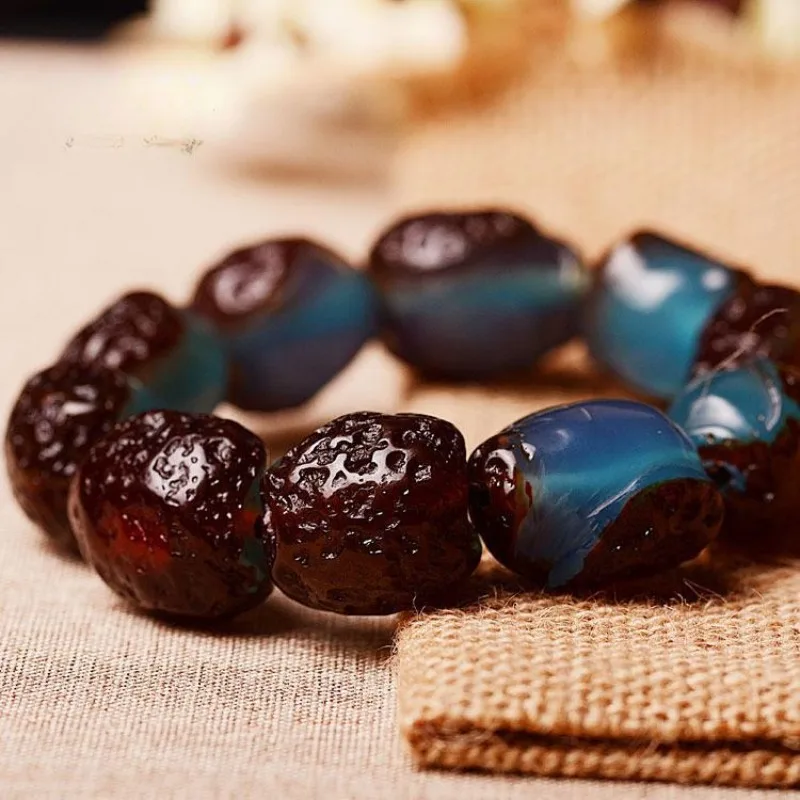A Second-generation Blue Amber Belt Leather Bracelet, Beeswax Amber Bracelet, Pendant and Necklace.