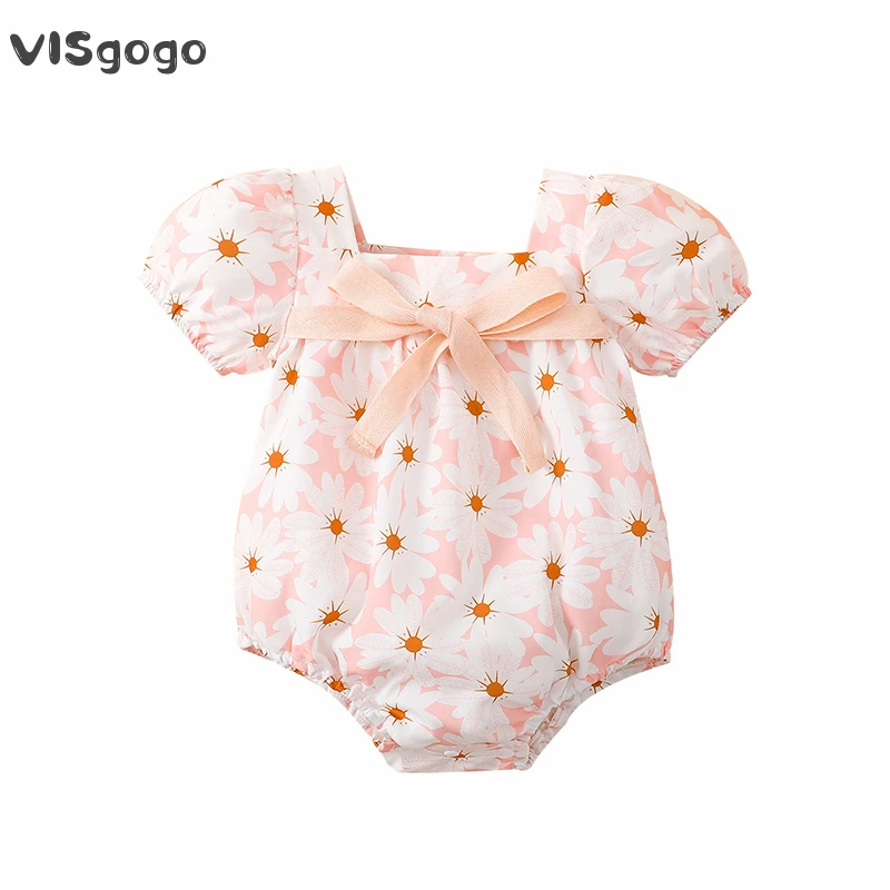 

VISgogo Newborn Baby Girls Rompers Cute Summer Clothes Floral Print Bow Short Puff Sleeve Square Neck Jumpsuit 0-18M