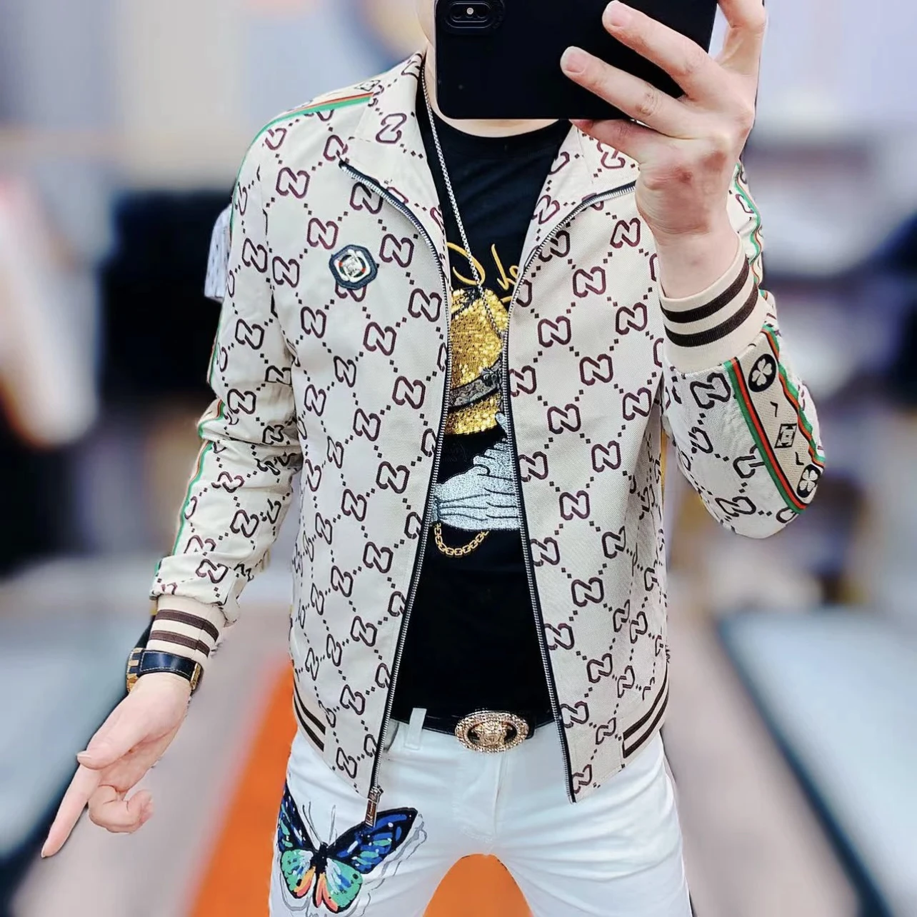 

Мужская повседневная куртка с воротником-стойкой, весна 2024, новинка, модная, с ленточными вставками, дышащая, из полиэстера