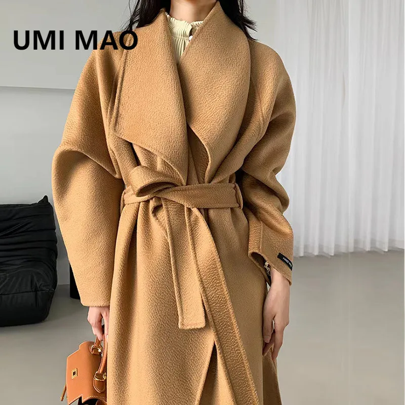 

UMI MAO шерстяное пальто, новое двустороннее шерстяное пальто с волнистой водой, свободный стиль с завязками, удлиненное женское осенне-зимнее пальто