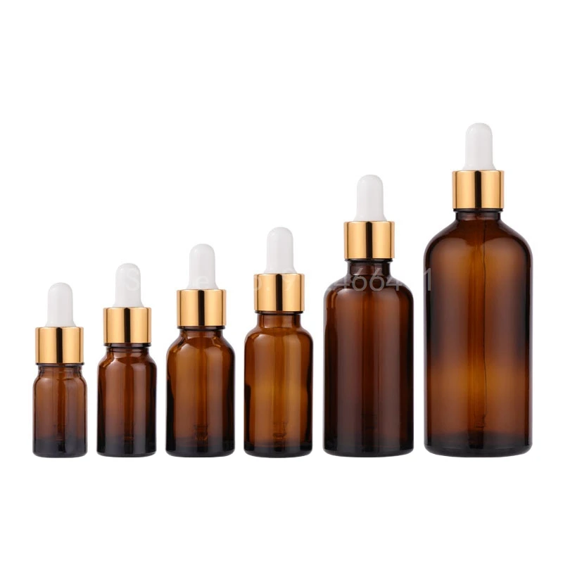 Flaconi contagocce in vetro da 10 pezzi 5ml 10ml 15ml 20ml 30ml 50ml 100ml flacone per Pipette con olio essenziale marrone ambra tappo vuoto nero oro