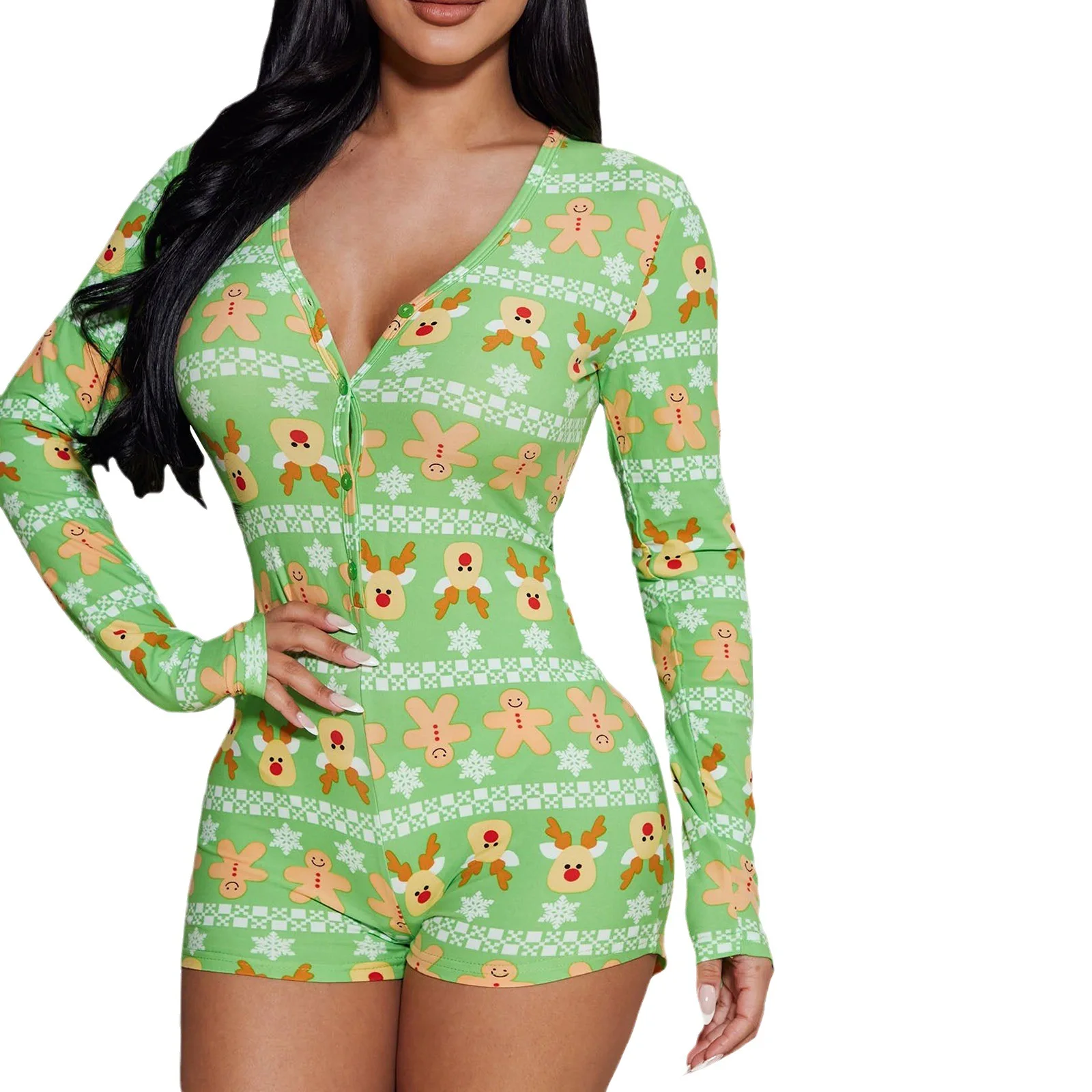 Women Jumpsuit 2025 Spring New Christmas Digital Printed V-neck Long Sleeve Casual Button Design Skinny Daily Romper