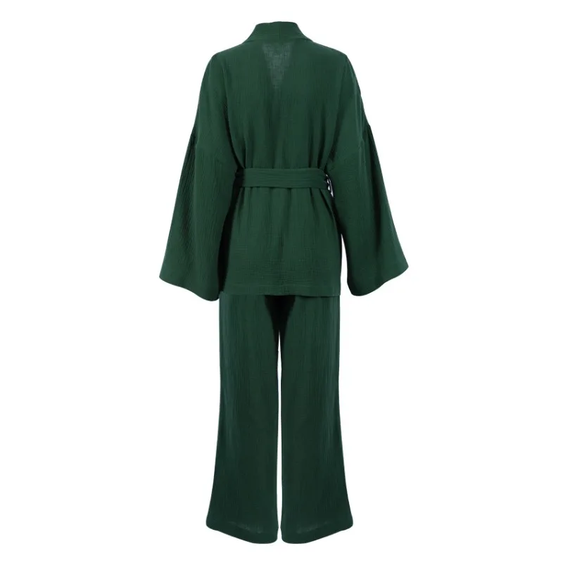 European , American Long-sleeved Loose Trousers Crepe Yarn Women's Solid Color Nightgown Home Absorbent Sweat Steaming Clothes