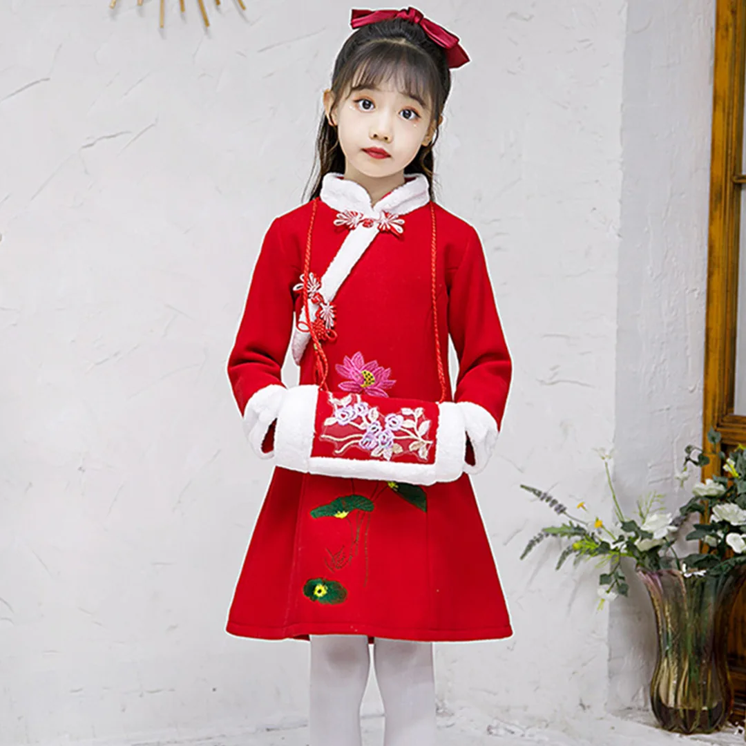 

Winter Girl New Year Greeting Embroidery Fringed Qipao Dress Chinese Style Vintage Button Hanfu Performance Princess Vestido