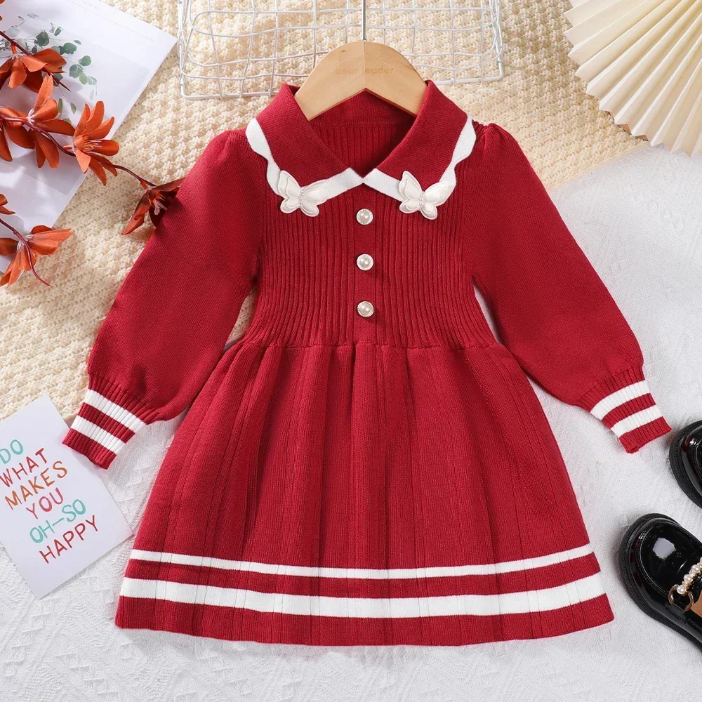 

Autumn and Winter New Red Christmas Clothes Bow Collar Long Sleeved Knitted Dress for Girls Aged 3-7 Korean Version
