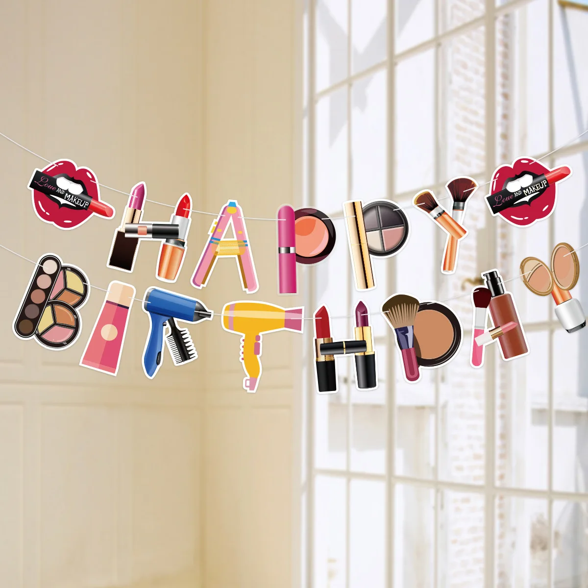 Spa-Geburtstagsbanner, alles Gute zum Geburtstagsparty-Banner mit Make-up-Motiv, Lippenstift-Banner, Spa-Party-Dekorationen, Make-up-Party-Dekoration für Mädchen – Detail 1
