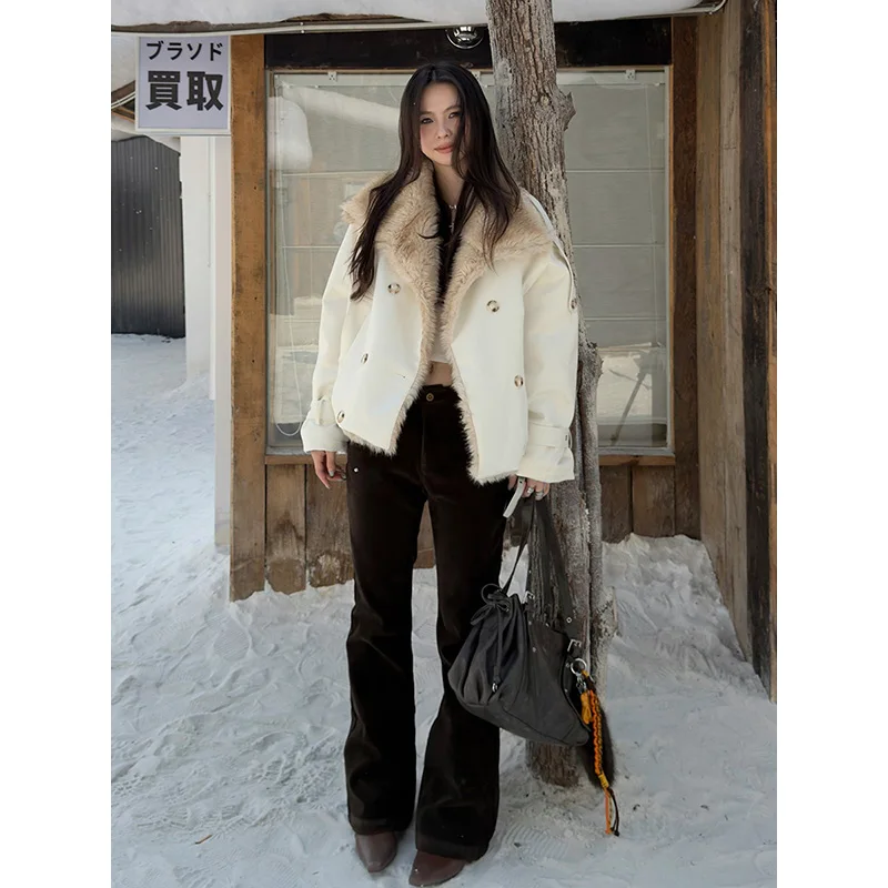 Benuynffy Modne Retro Grube Spodnie z Zamszu Damskie Jesień Zima 2025 Nowe Spodnie Rozszerzane z Niskim Stanem i Kieszeniami z Nitami Streetwear Lata 2000