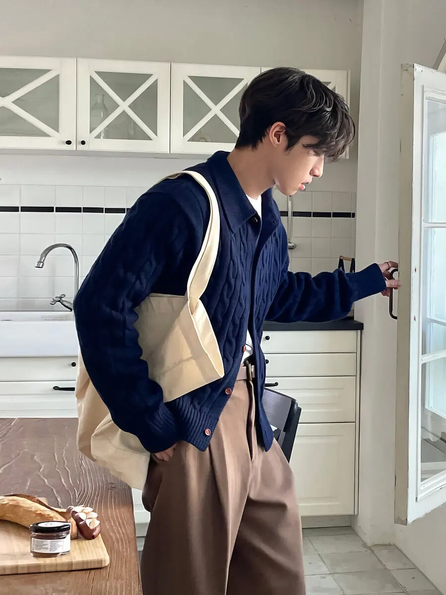 

Men's Knitted Sweater Cardigan Autumn Sle Retro Collar Linen Pattern High-End Lazy Versatile Haome Outerwear