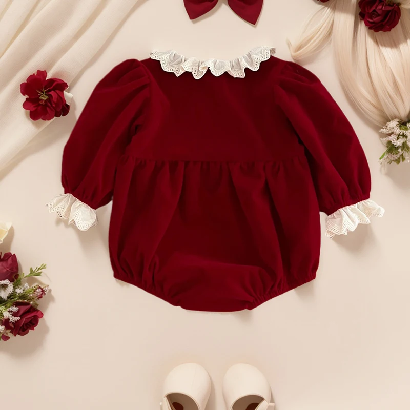 Baby Girls Christmas Outfit Romper Lace Collar Jumpsuit New Years Red Romper Xmas Pullover Bodysuits Fall Winter Child Clothes