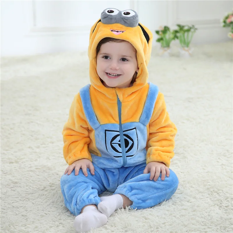 Baby Rompers Winter Costume Flannel Hooded Jumpsuits Baby Clothes 59-90cm Kids Jumper Overall Tiger Lion Rabbit Duck Roupa Beb