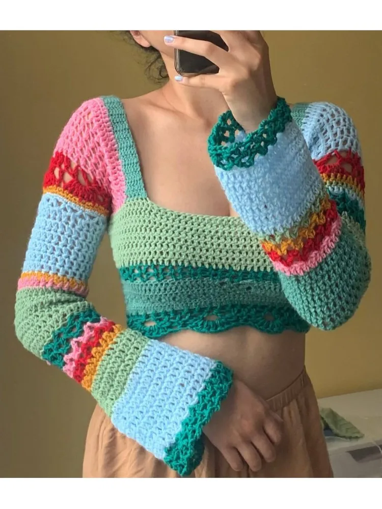 

2025 Casual Slim Blusas Long Sleeve Top Knitted Pullover Backless Fashion Color Colorful Simple Style All-match Hollow Out Home