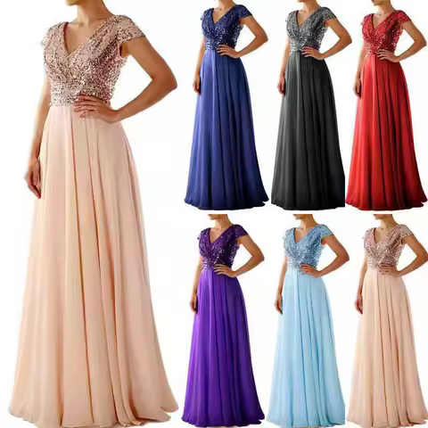 2026 summer new dress V-neck sequined chiffon splicing evening dress dress