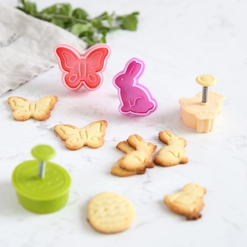 4Pc / Set Easter Egg Rabbit Chick Butterfly Plastic Plunger Fondant Cookie Cutter Set Mold Biscuit Decor Baking ToolsSet
