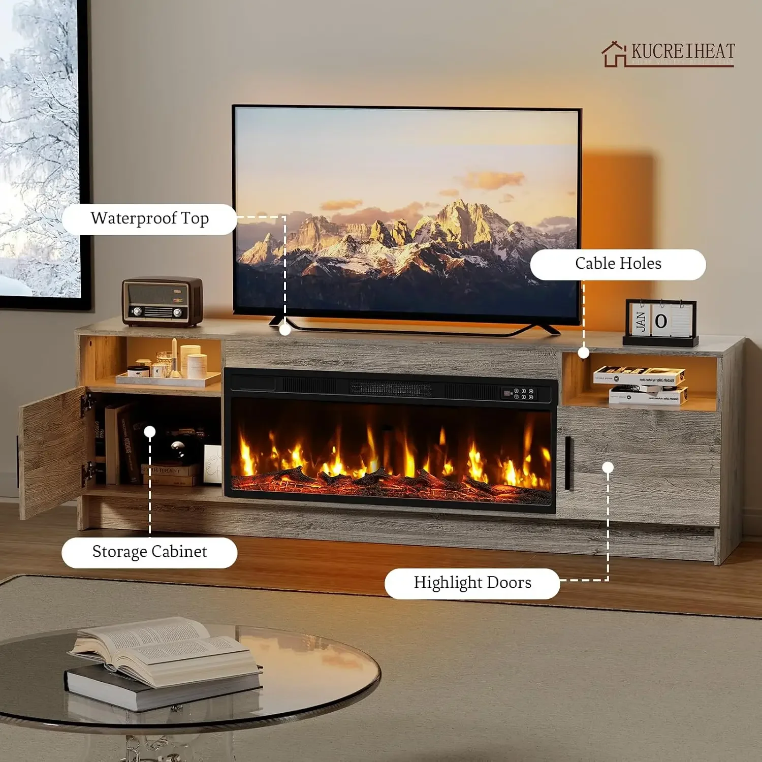 Fireplace TV Stand for 65-80 inch TV, Large Entertainment Center with Fireplace & LED Lights,High Gloss Living Room Storage