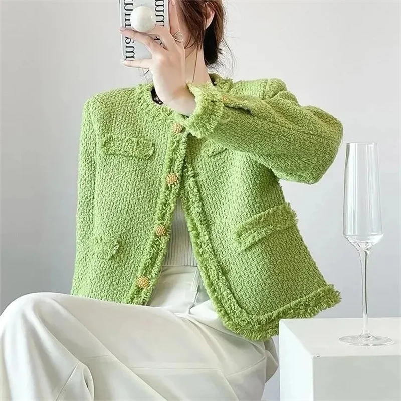 2024New Autumn Winter Tweed Jackets Women Elegant Green Blazers Korean Fashion O-Neck Small Fragrance Coat Outerwear Female Tops