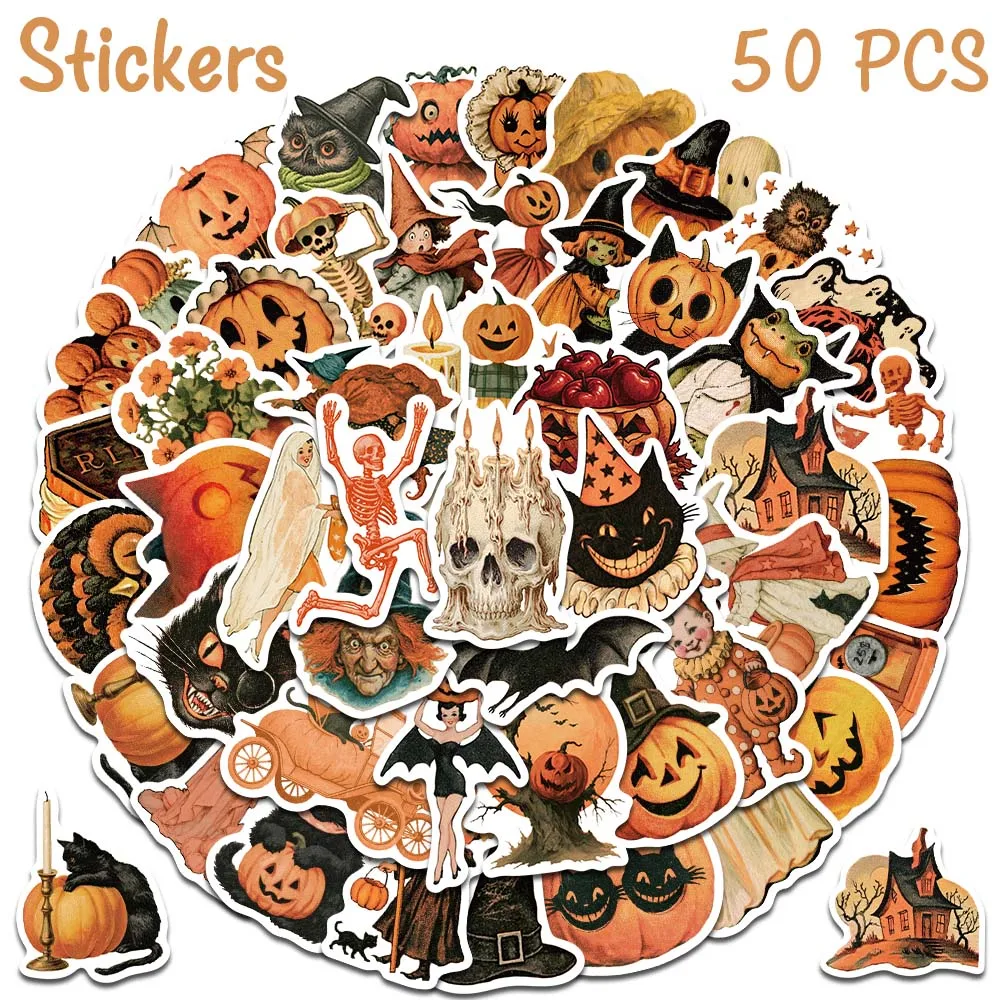 50 Stück Retro-Halloween-Aufkleber Vintage-Kürbis-Geister-Graffiti-Aufkleber für Laptop, Handy, Scrapbook, Tagebuch, DIY-Ästhetik-Aufkleber – Detail 6