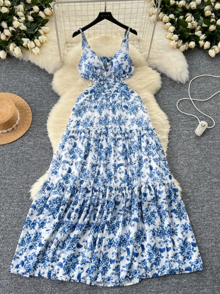 

Женское ажурное пляжное платье, Элегантное длинное шифоновое платье с цветочным принтом и V-образным вырезом, винтажное платье с оборками по краям, лето