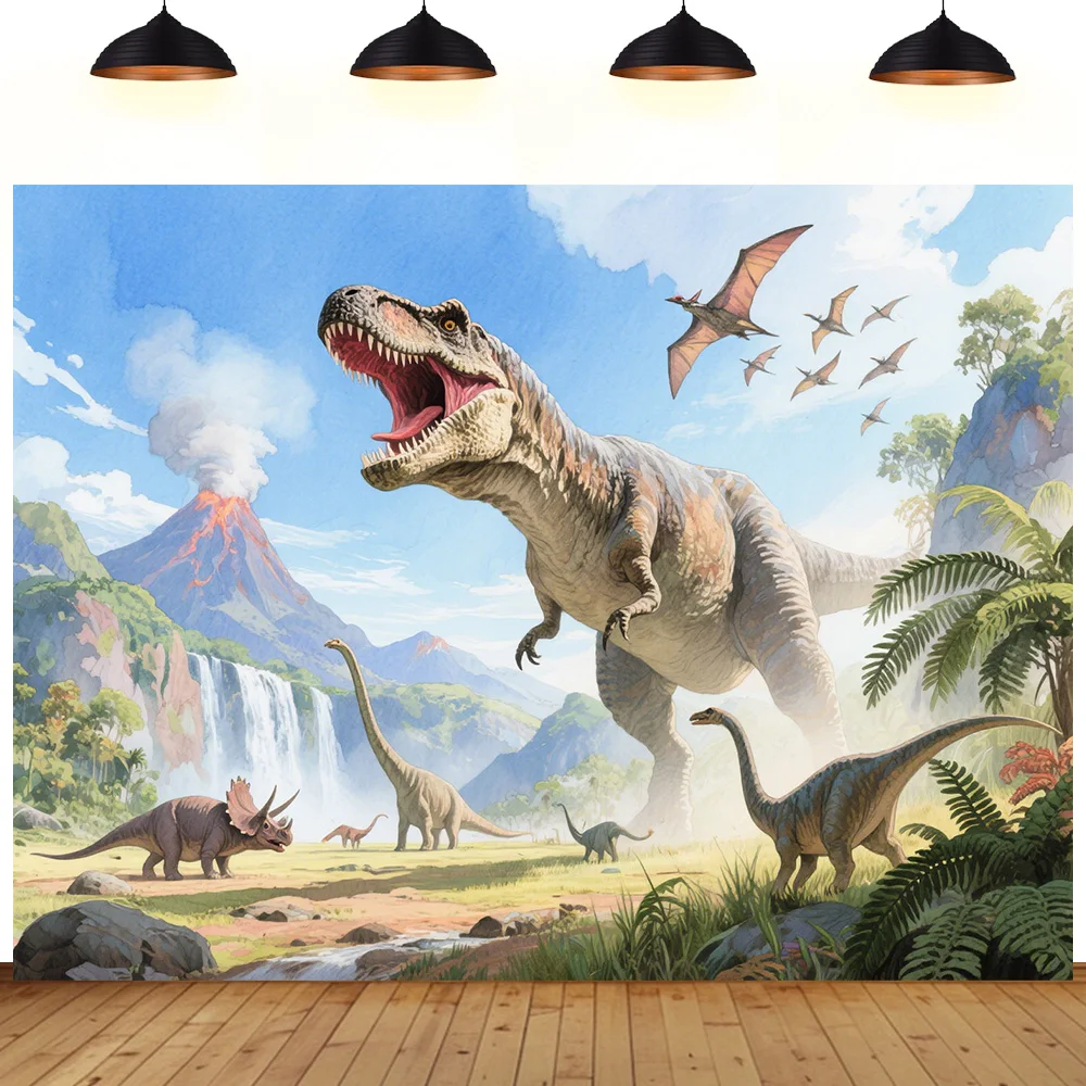 

dinosaur birthday party backdrop Jurassic park tanystropheus watercolor plant animal children decoration background