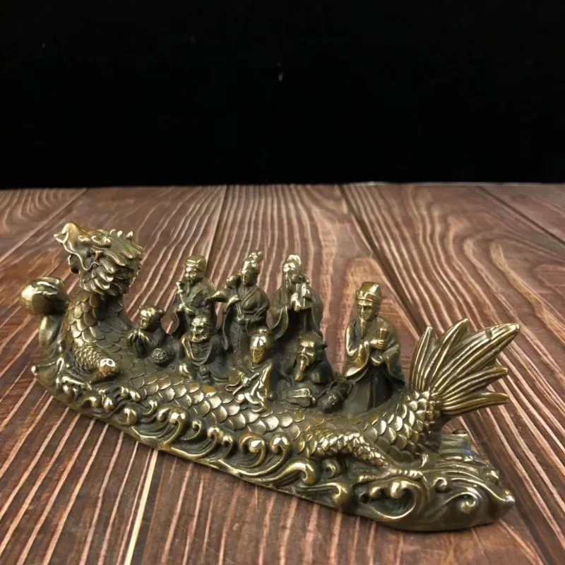 Antique Copper Dragon Boat Eight Immortals Statue Desktop Ornament Feng Shui Figurines Living Room Home Decor Crafts Accessories