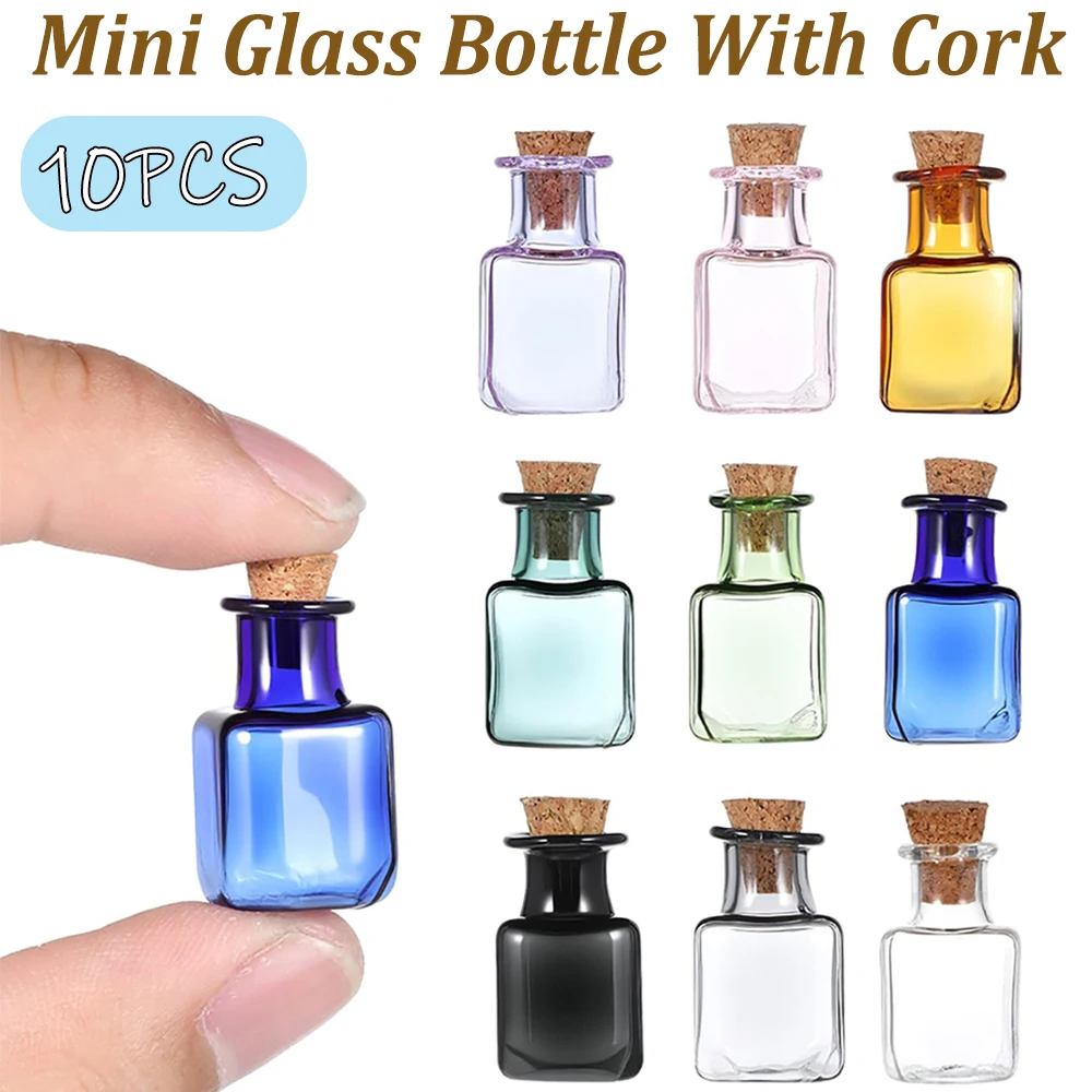10PCS Colored Tiny Glass Spell Jars Mini Square Potion Bottles with Cork Stoppers for DIY Crafts Party Wedding Favors Decoration