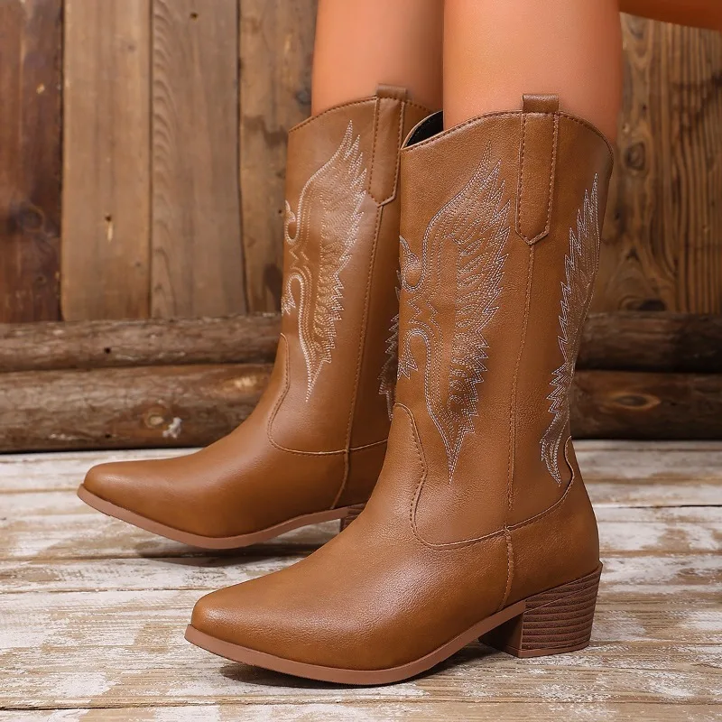 Western Women Boots 2026 Autumn Winter Fashion Chunky Heeled Cowboy Boots Vintage Style Country Western Cowgirl High Heels Boots