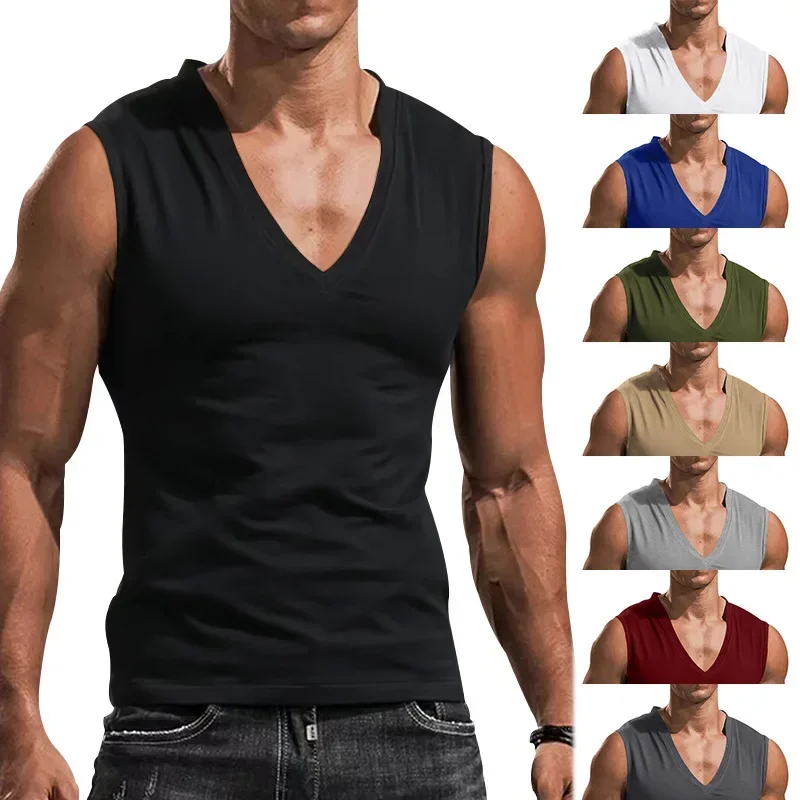 

2025 Men Tank Tops Sleeveless Pullover Tops Solid V Neck Tees Casual Tee Summer 2025 Loose Sports Spliced Patchwork Breathable