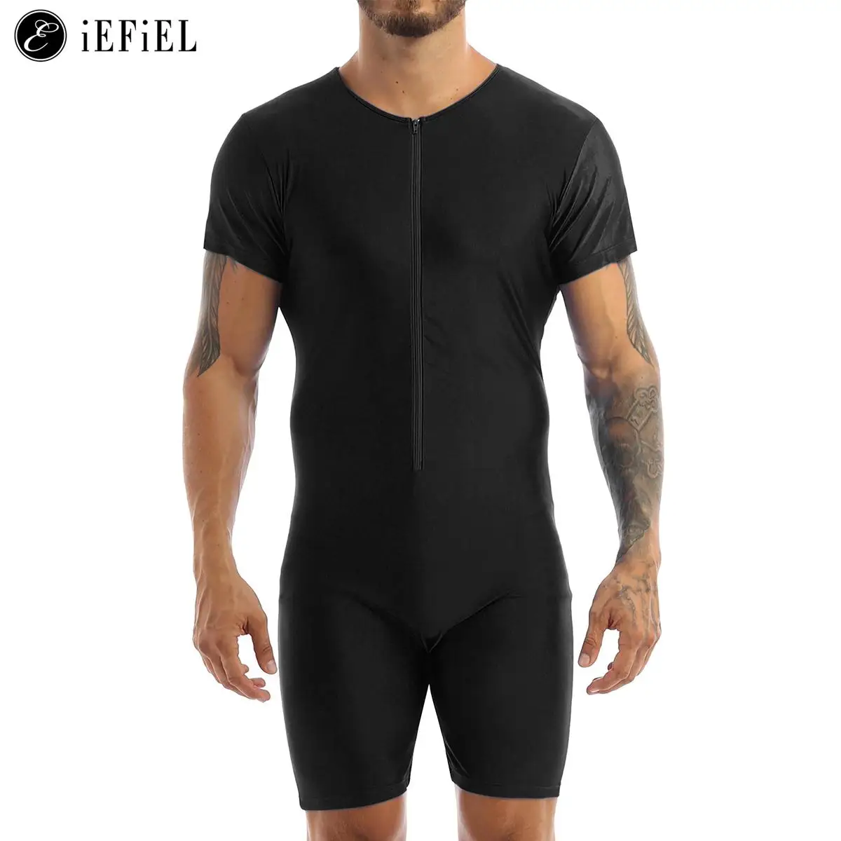 Mens Short Sleeve Zipper Front Leotard Bodysuit One-Piece Dance Gym Workout Jumpsuit Biketard Unitard Wrestling Singlet