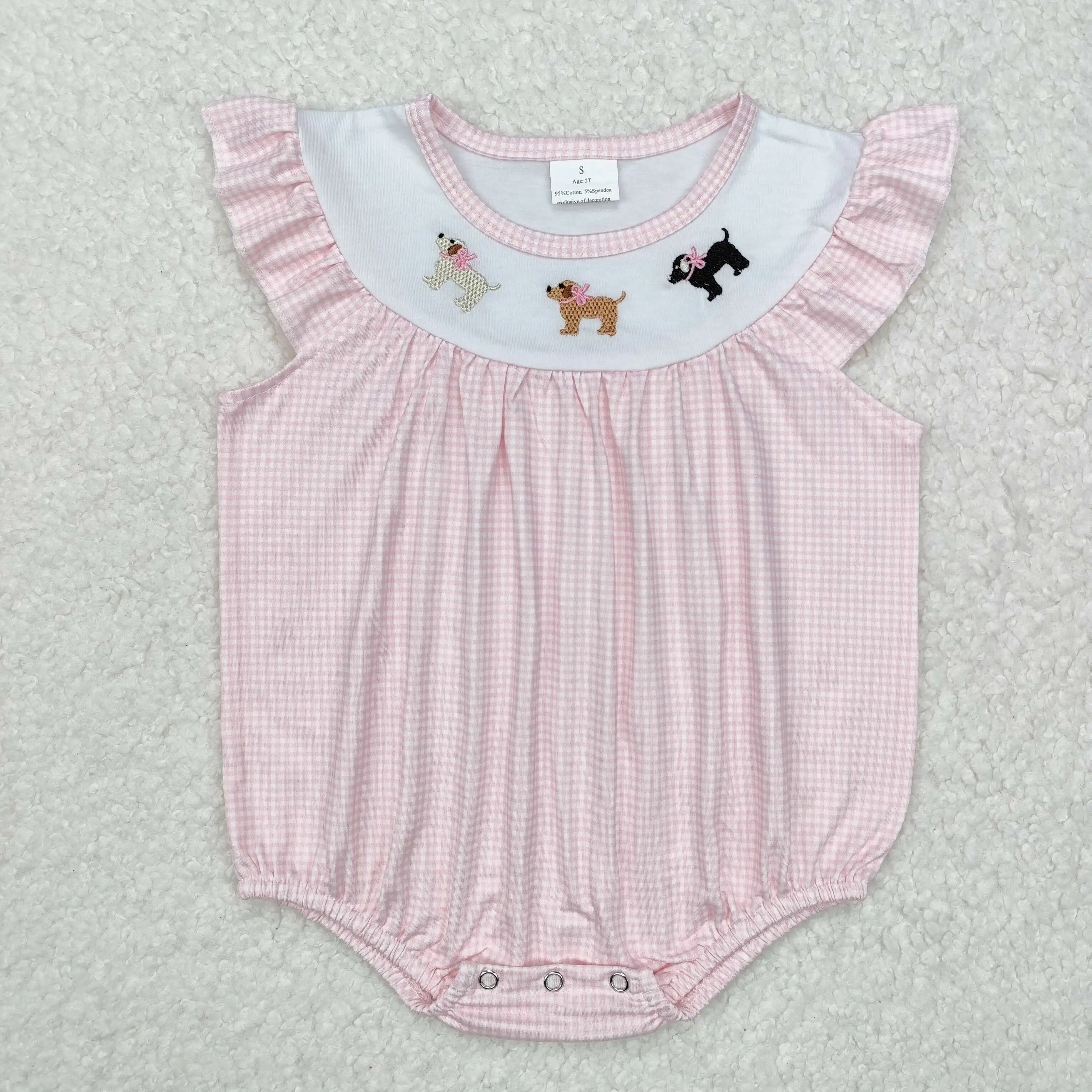 Wholesale Newborn Toddler Embroidery Bows Dogs Baby Girl Short Sleeves Bubble Romper Kids Children Smocked Pink Checked Jumpsuit