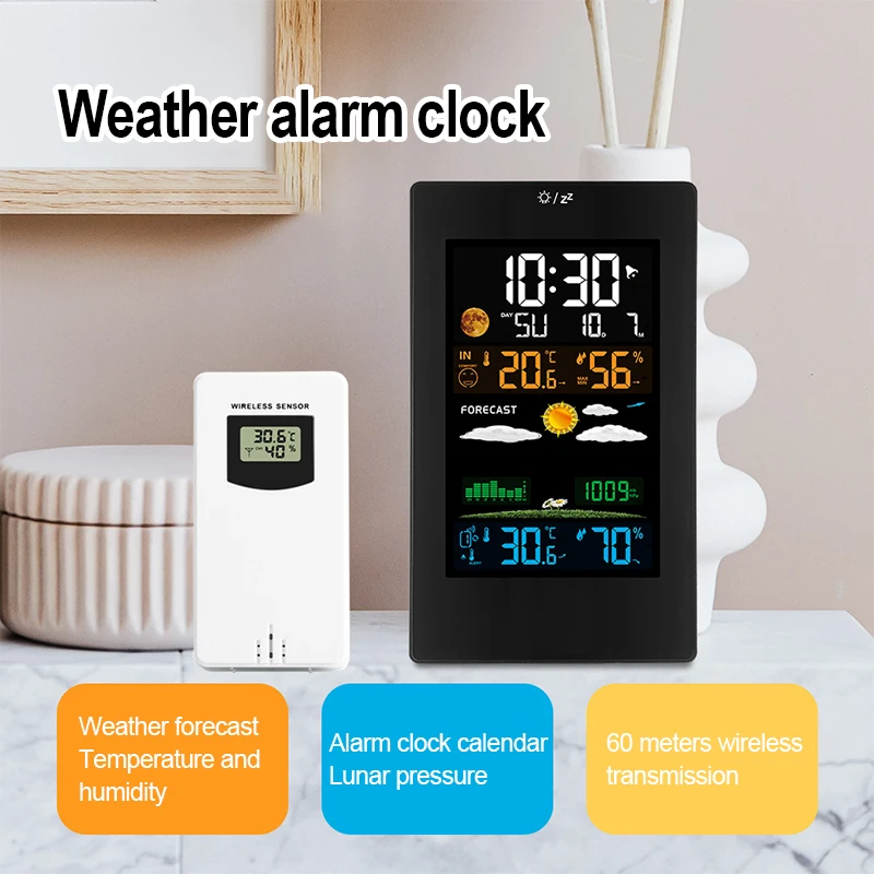 Wireless Weather Station Indoor Outdoor Thermometer Hygrometer with Sensor Color Screen Alarm Clock Calendar Weather Forecast