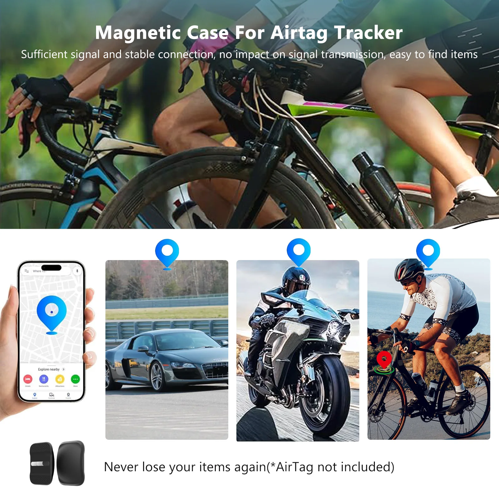 Magnetic Case for Apple AirTag, Silicone Anti-Loss Case with Self-Adhesive Metal Sheet for Car, Bicycle and Metal Surface