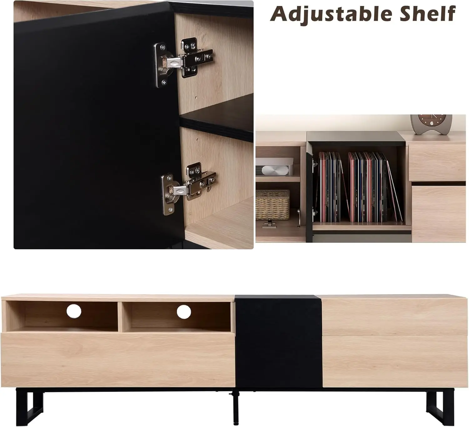 Meuble TV moderne avec 3 armoires et étagères ouvertes, centre de divertissement en bois pour téléviseurs jusqu'à 80'