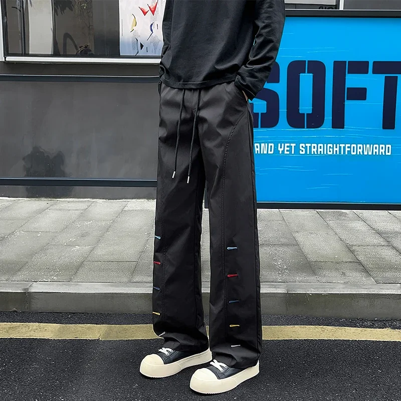 Men Colorful Stitch Detail Wide Leg Pants Elastic Waist Drawstring Loose Straight Casual Streetwear Sports Trousers