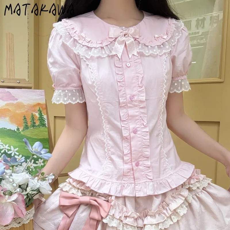 Matakawa Ruffles Blouses Spring Summer Japanese Style Puff Sleeve Fashion Women Shirts Retro Sweet Peter Pan Collar Blusas Mujer