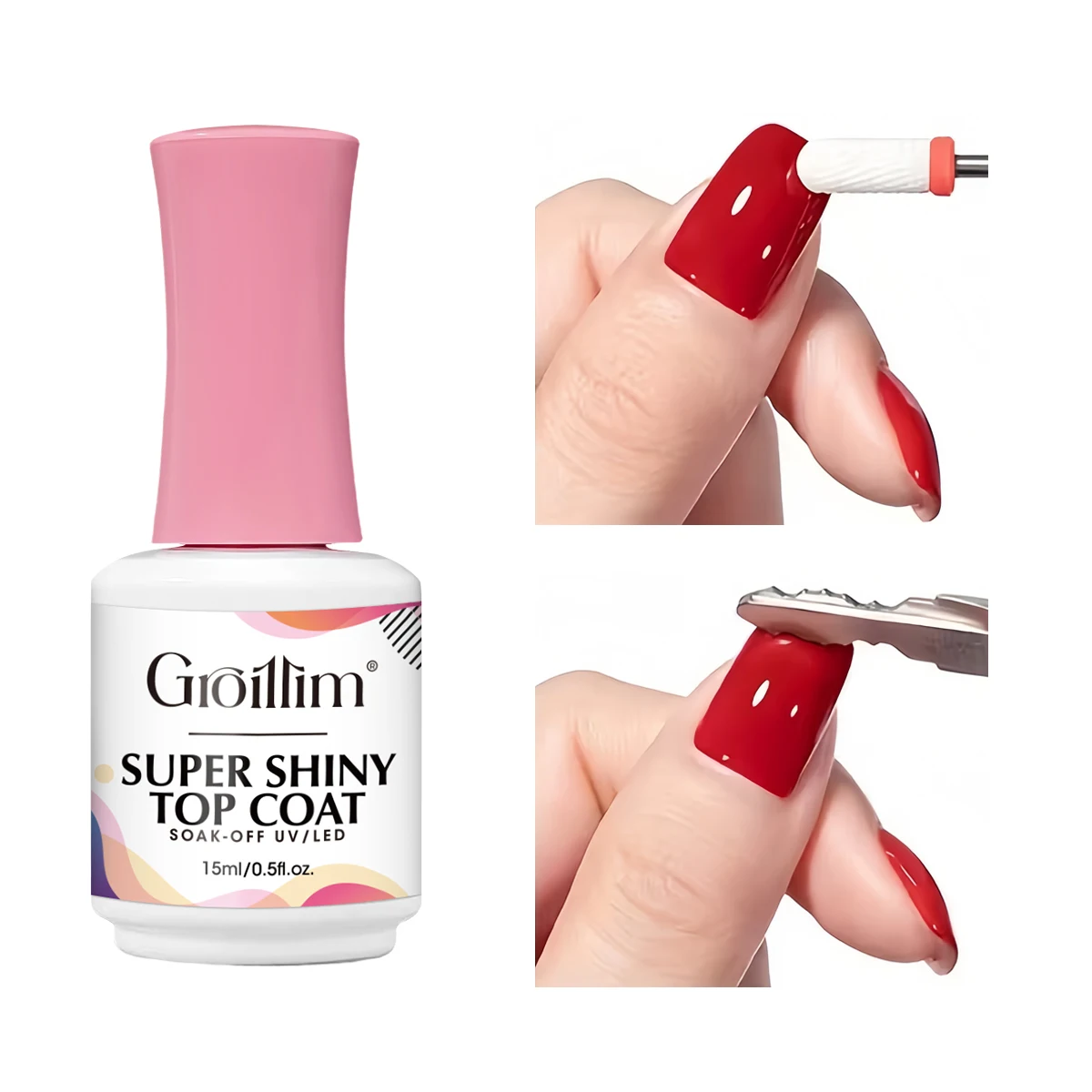 Esmalte de Uñas en Gel Groillim de 15 ml - Capa Superior Súper Resistente - Dura 45 Días, Capa Base de Gel/Endurecedor de Uñas, Profesional para Uñas y Pedicura