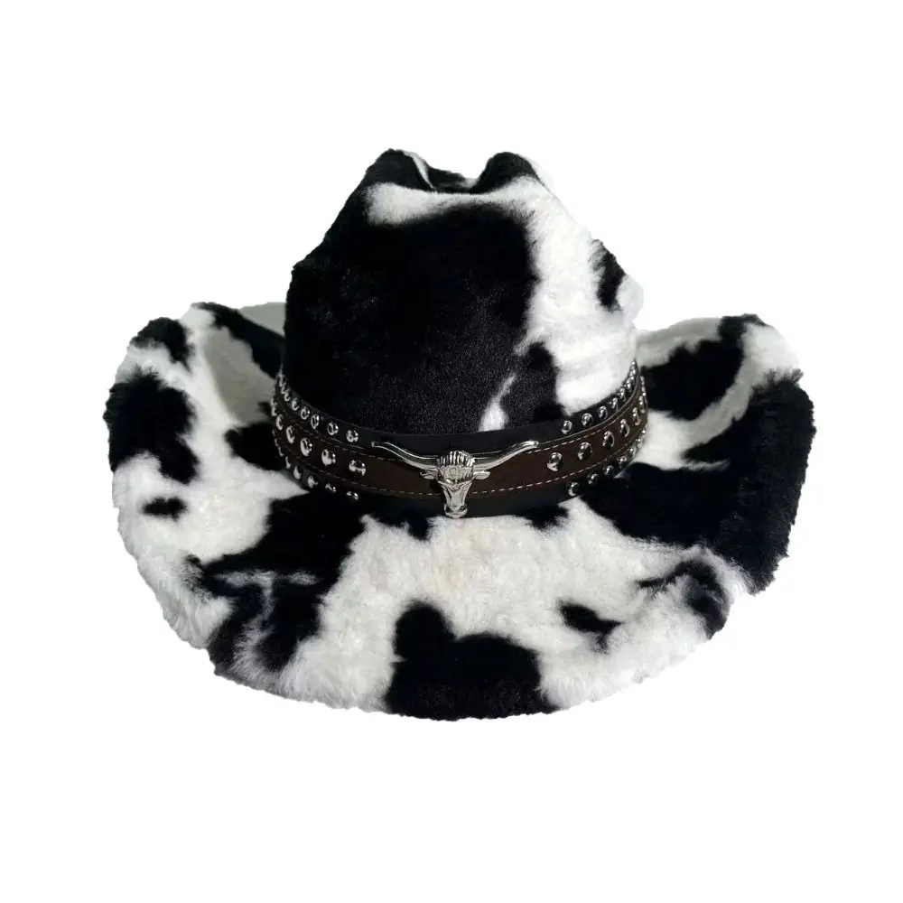 Rivet Strap Cow Print Cowboy Hat Decorative Metal Belt Wind Resistant Furry Cowboy Cap Unisex Design Wide Brim