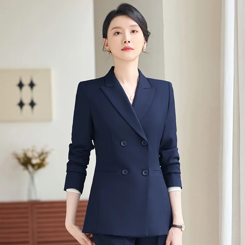 

Высококачественный двубортный серый костюм для женщин, новый весенне-осенний приталенный профессиональный пиджак для работы на работу