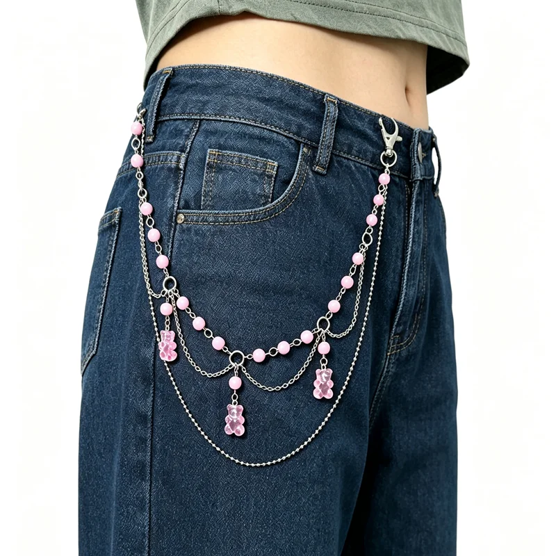 Doulbe Layered pink Cute Cartoon Bear Acrylic Chain Keychains Women Girls Waist Chain Pants Trousers Chain scene accessories
