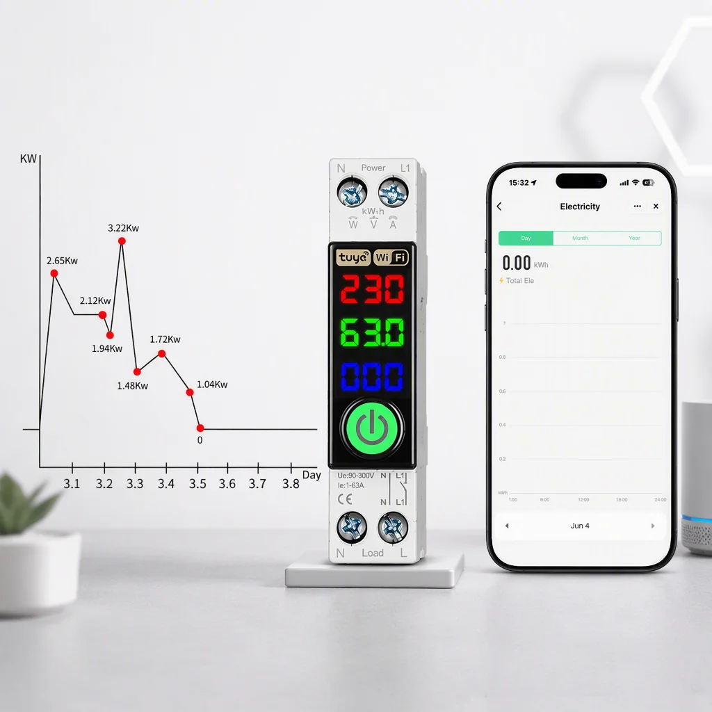 Smart WiFi Circuit Breaker Switch 1-63A 1P+N LED Display Kwh Metering MCB Voltage Current Temperature Protect Alexa Google Home