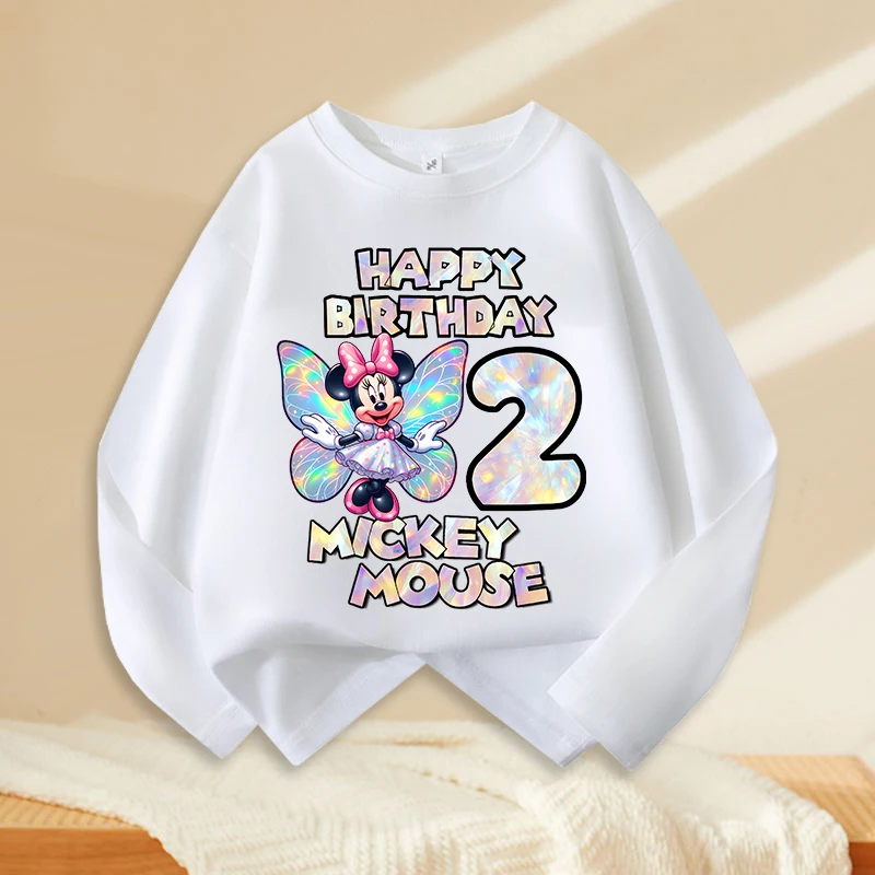 Mickey Minnie Mouse Number T-shirt Long Sleeves Cotton Girls Clothes Personalized Casual Cute Kids Birthday Tops Fashion Toddler