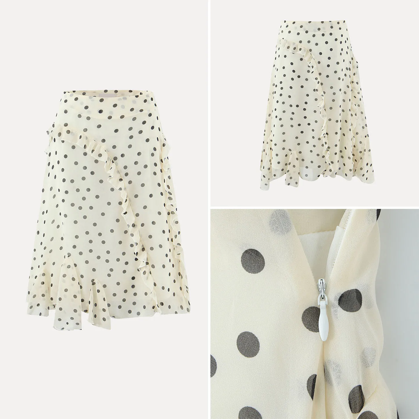 

Faionable Retro Asymmetrical Midi Skirt for Women in Light Peach Polka Dot Print mid Waist Design European Sle Spring 2025