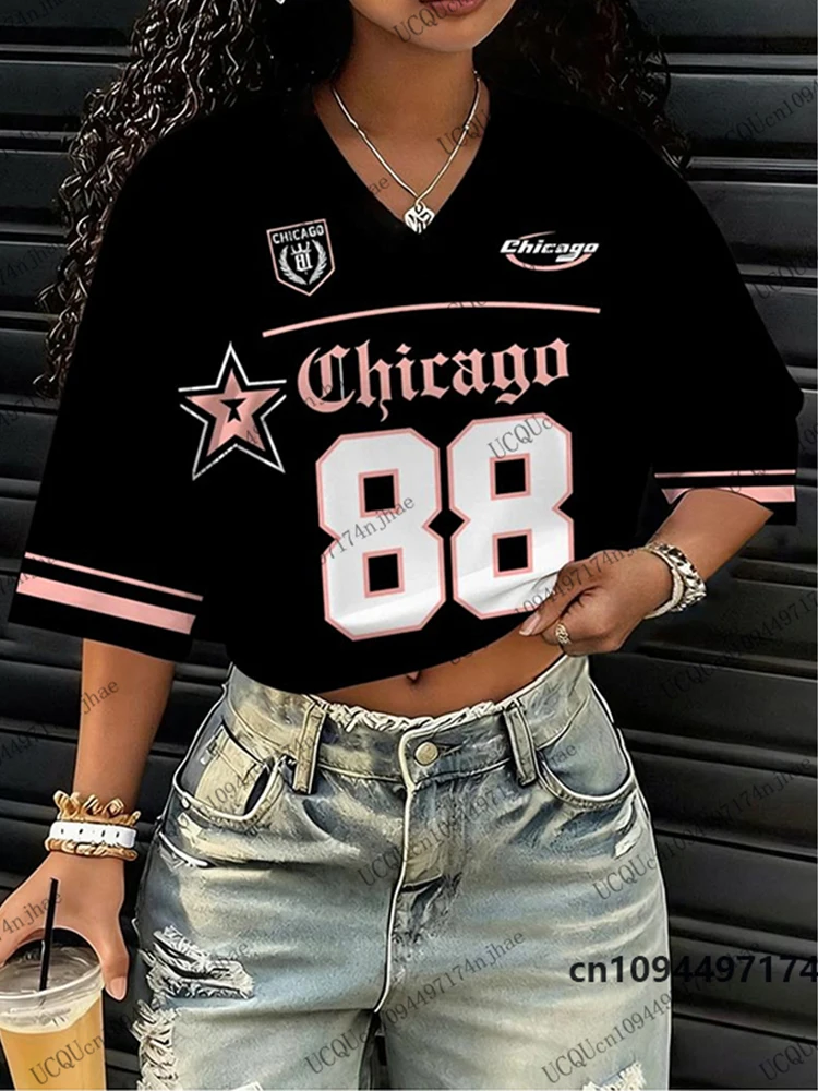 2026 New Chicago No.88 Print T-Shirt For Women Summer Short Sleeve Sexy Crop Top Football Jersey Y2k V-neck Tees Sports Tops