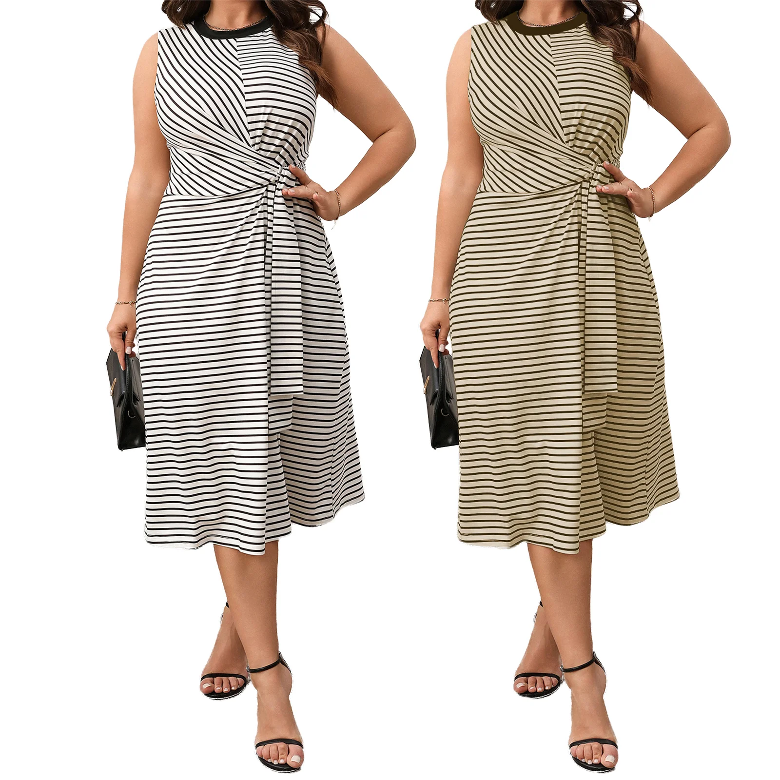 

2025 Women’s Round Neck Tank Dress Summer Sleeveless Tie Waist Stripes Print Midi Dress Casual Plus Size Dresses