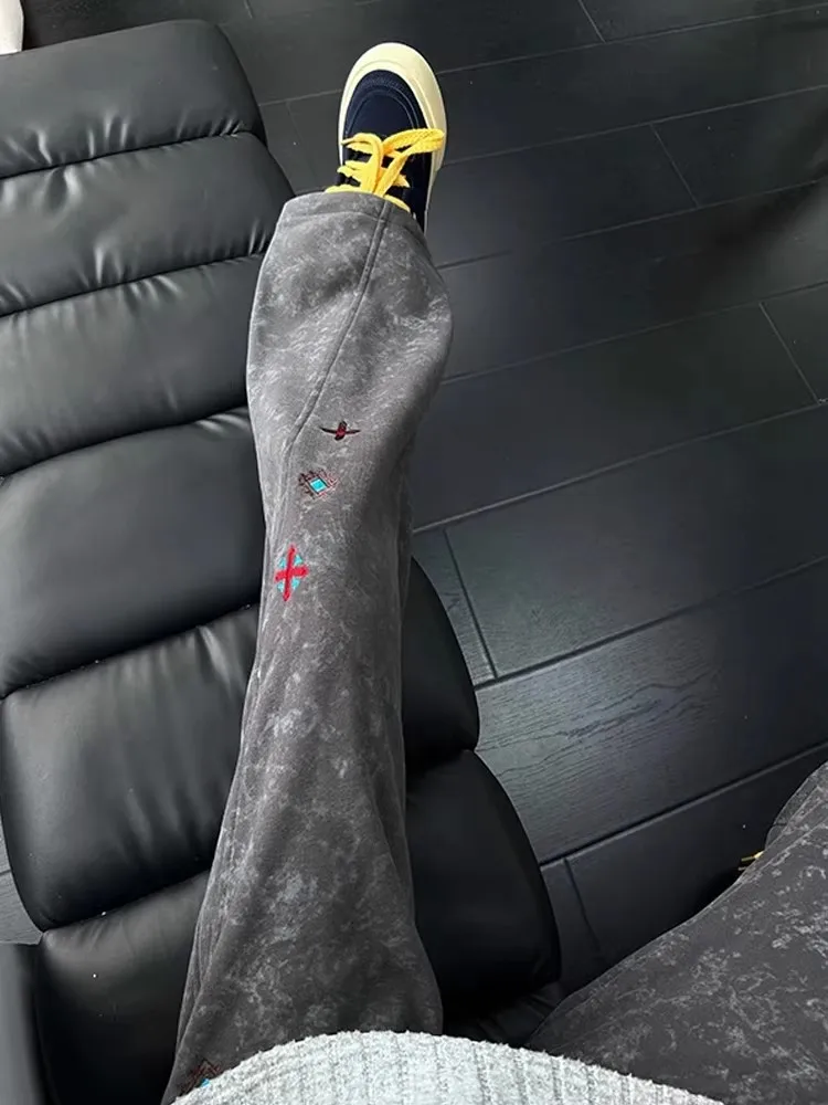 Deep Grey Embroidered Tie Dye Fleece Lined Thick American Style Casual Pants for Men Autumn Winter Sports Straight Leg Trousers