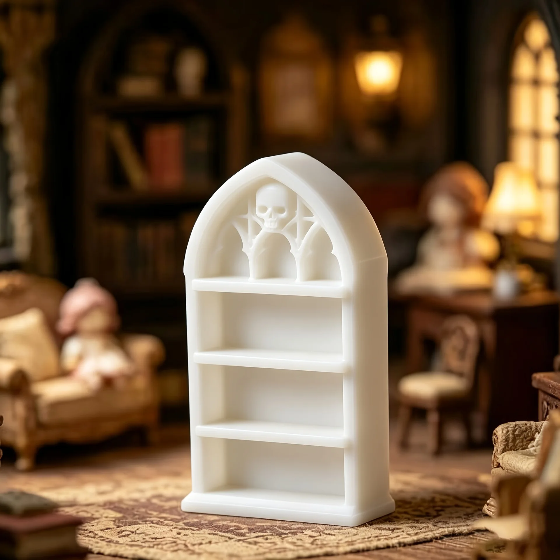 1/24 Gothic Mini Black Bookshelf Miniature,Dollhouse Dark Library Furniture Accessory,Arch Skull Carving Book Rack Prop for OB11