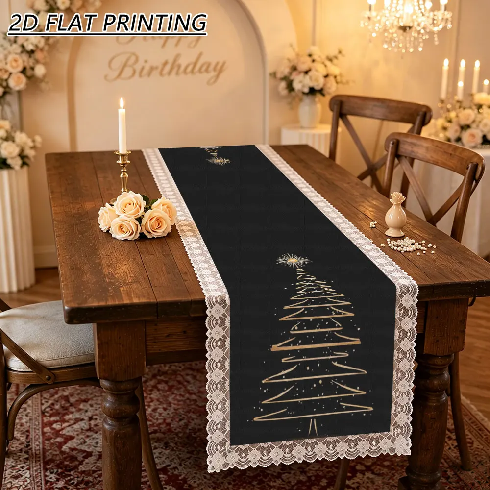 1pc Christmas Line Tree Pattern Tulle Lace Table Runner For Winter Holiday Party Table Decor