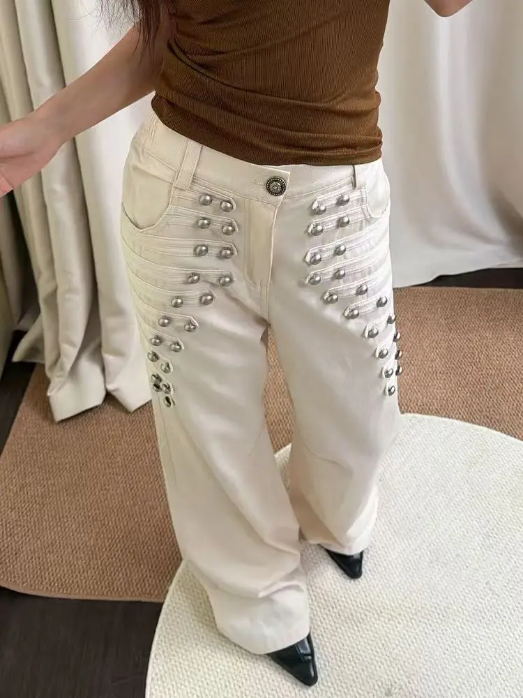 American retro metal buckle design jeans for women y2k new gothic street loose wide-leg floor mopping pants